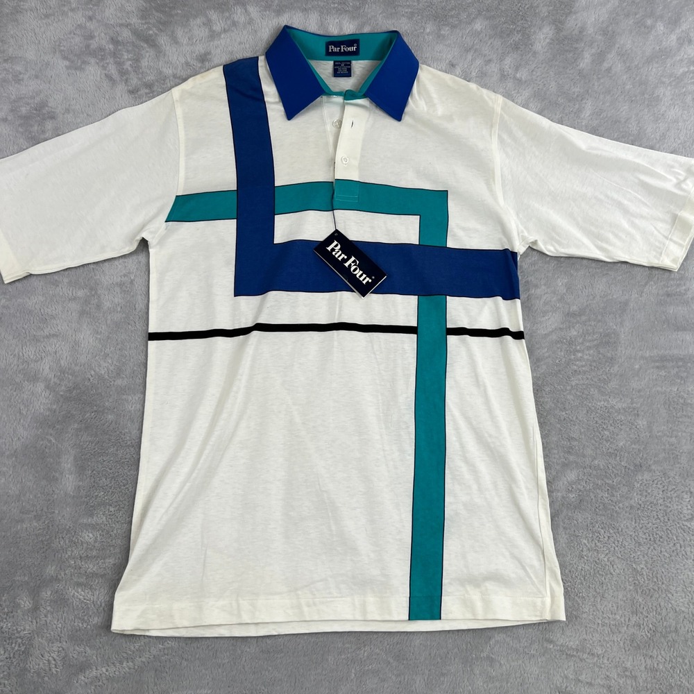 Par Four Vintage Geometric Polo M White Men Retro 90s Colorblock Short Sleeve